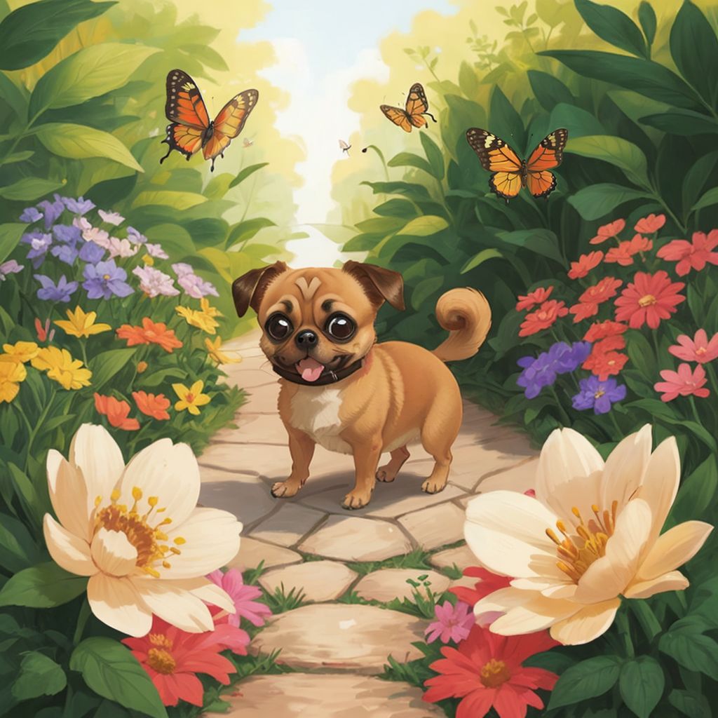 Punkin in a hidden garden with colorful flowers and fluttering butterflies