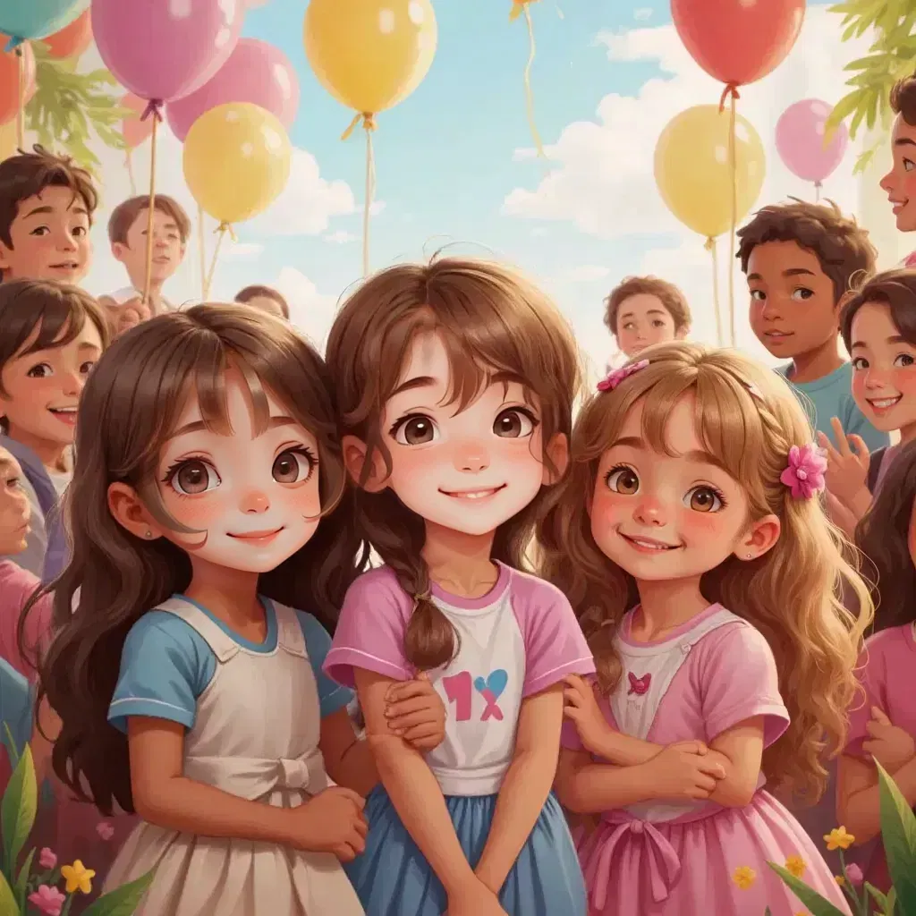 Reign, Lillie, and Jane smiling celebrating uniqueness with friends, a colorful and joyful scene