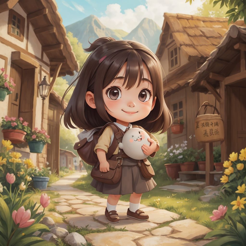 Mila smiling, holding Pebie in her hand, with a warm glow around them, symbolizing friendship.