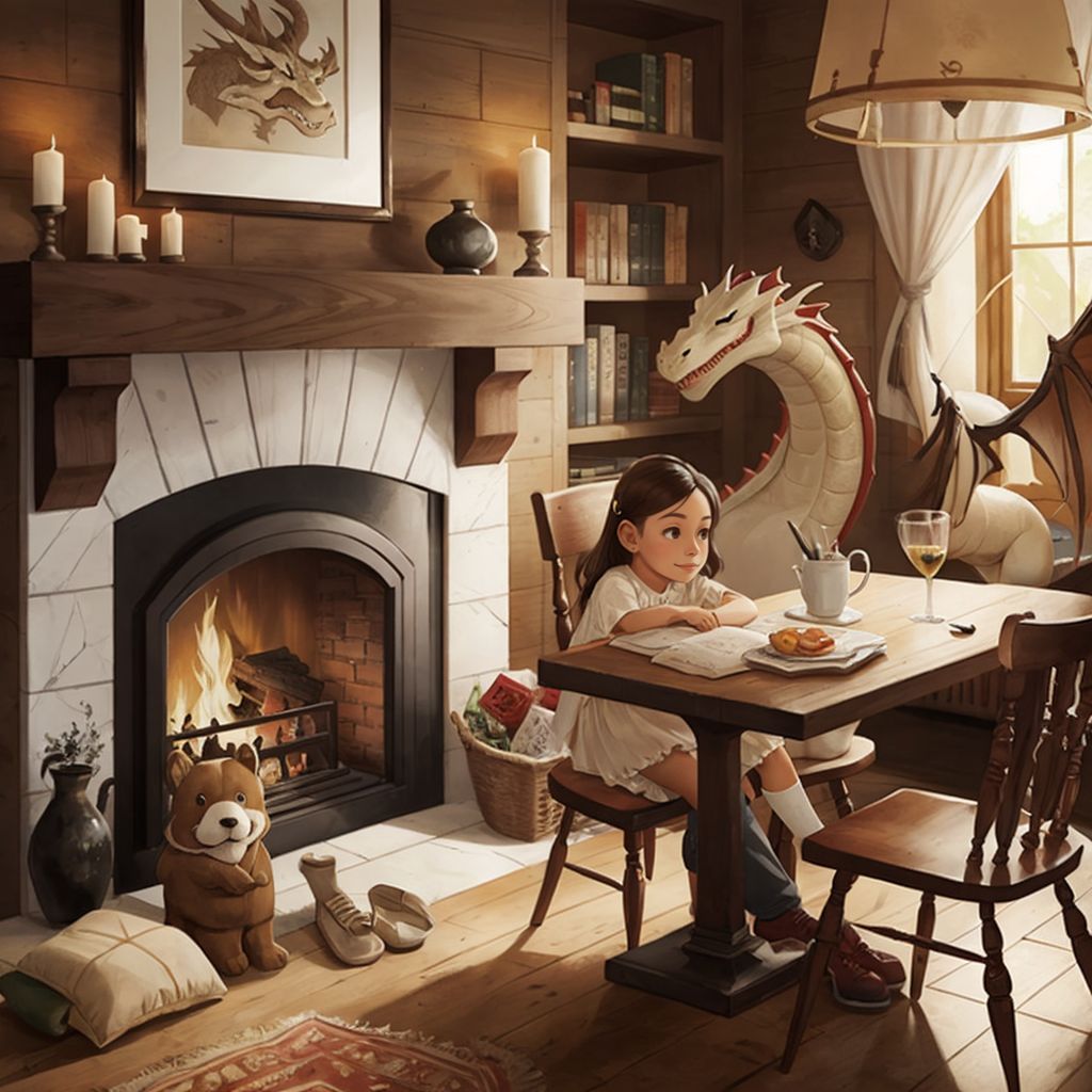 Buzzie Too (a brown and white terrier) sleeping by a warm fireplace while a young girl sits at a table with two dragons telling stories