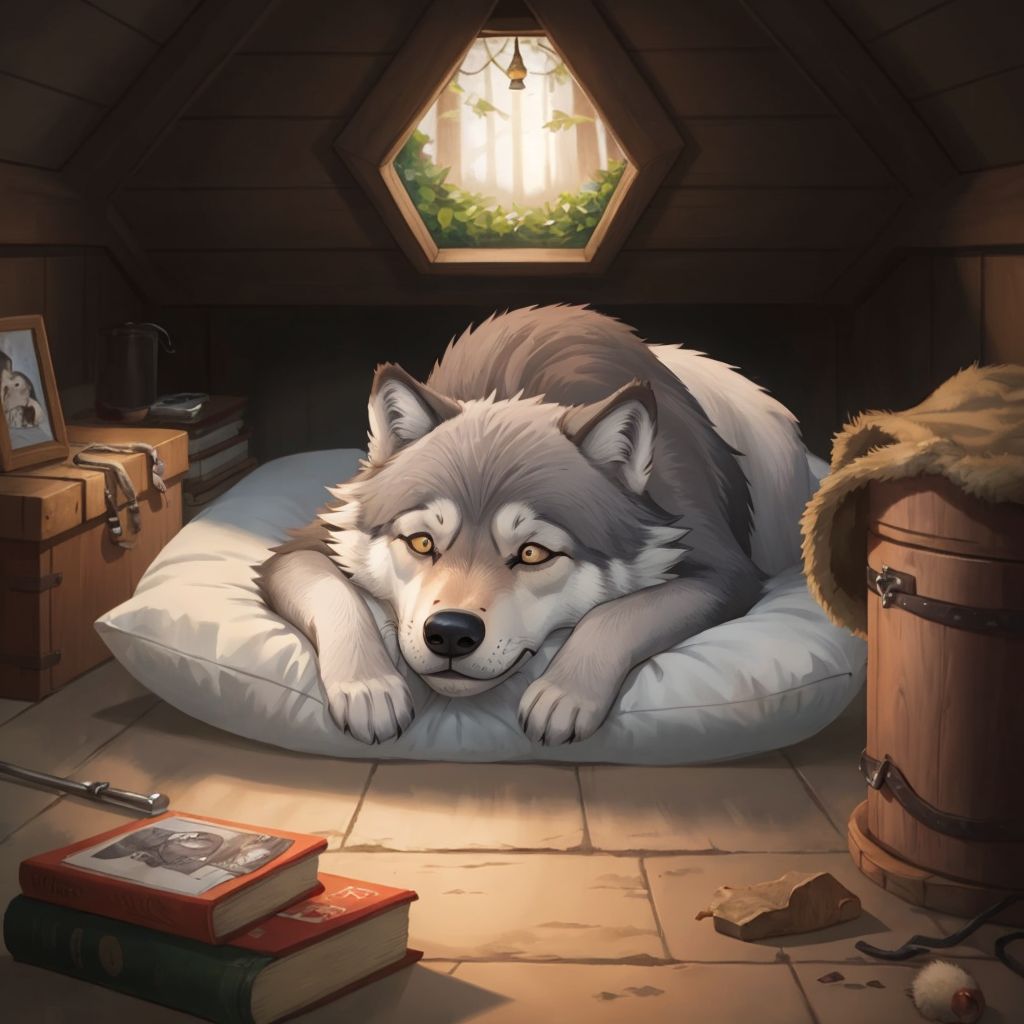 Luna sleeping peacefully in her cozy den, with a slight smile on her face