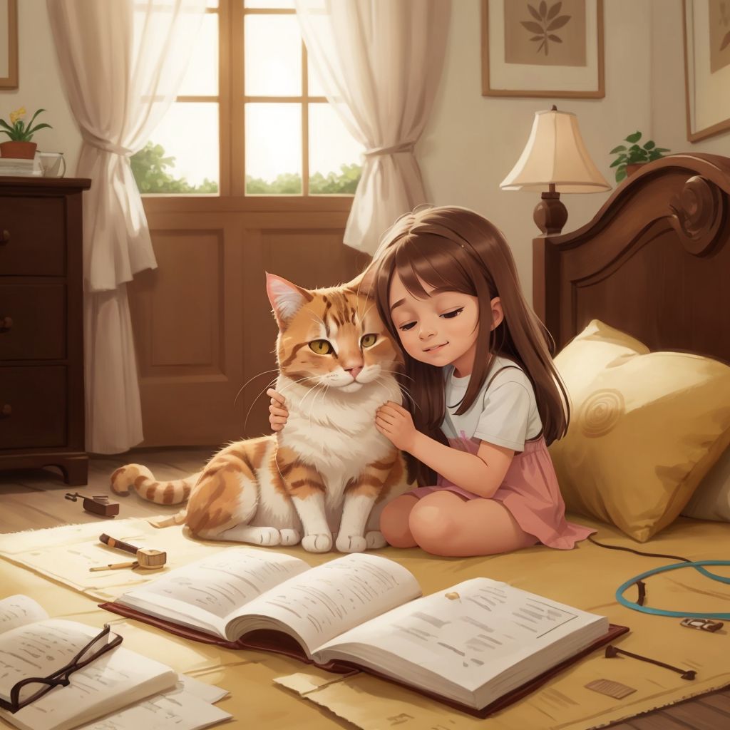 Pinky the cat and Mily 2 sharing a warm hug in a serene setting.
