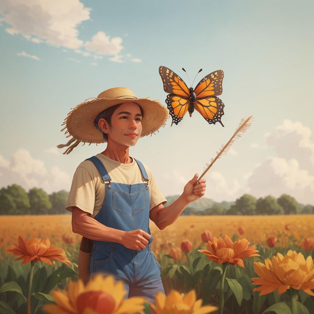 Luna the monarch butterfly soaring above a lush patch of milkweed planted by Felix, a middle-aged farmer with sun-weathered skin and a straw hat, in a vibrant field.