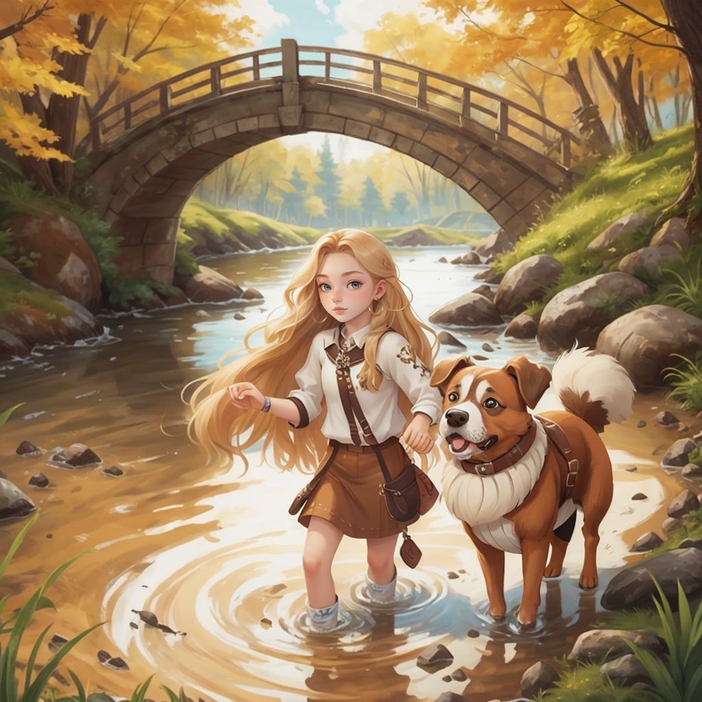 Sarah and Buzzie Too crossing a shallow river, with a broken bridge in the background