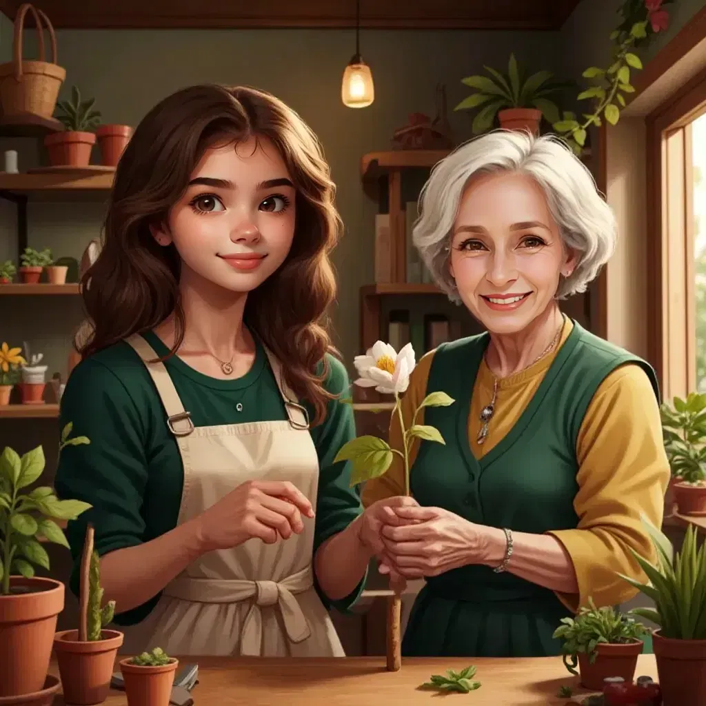 Maya concentrating on a growing plant, with Barbara guiding her hand holding the wooden wand with silver engravings