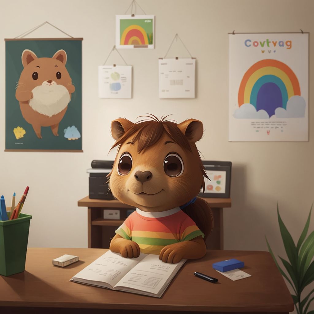 Catelyn sitting quietly at a desk in a lively classroom, surrounded by colorful posters