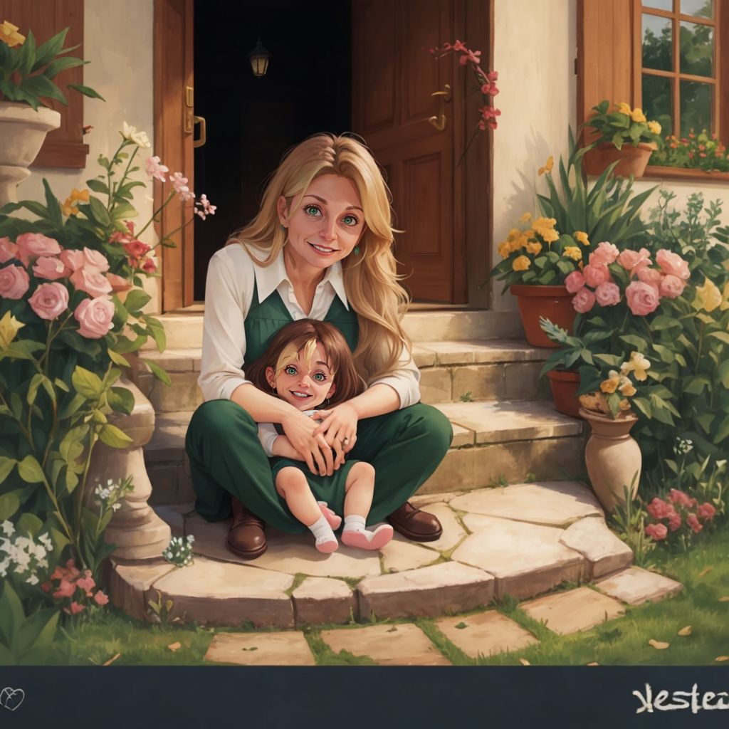 Baby Nina receiving a warm hug from Glama at the entrance of a big, beautiful garden