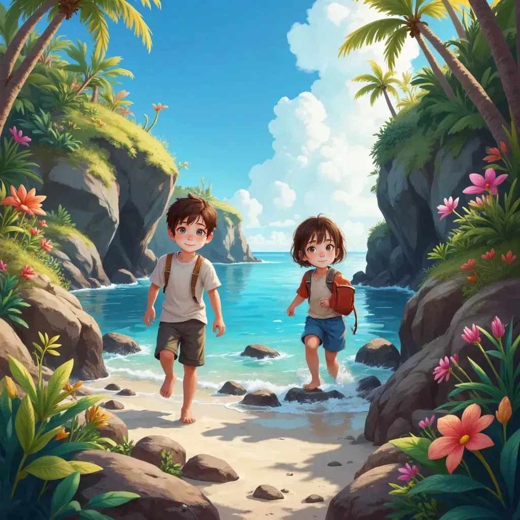 Finn and Lila stepping onto a rocky island with strange shadows and bright colors.