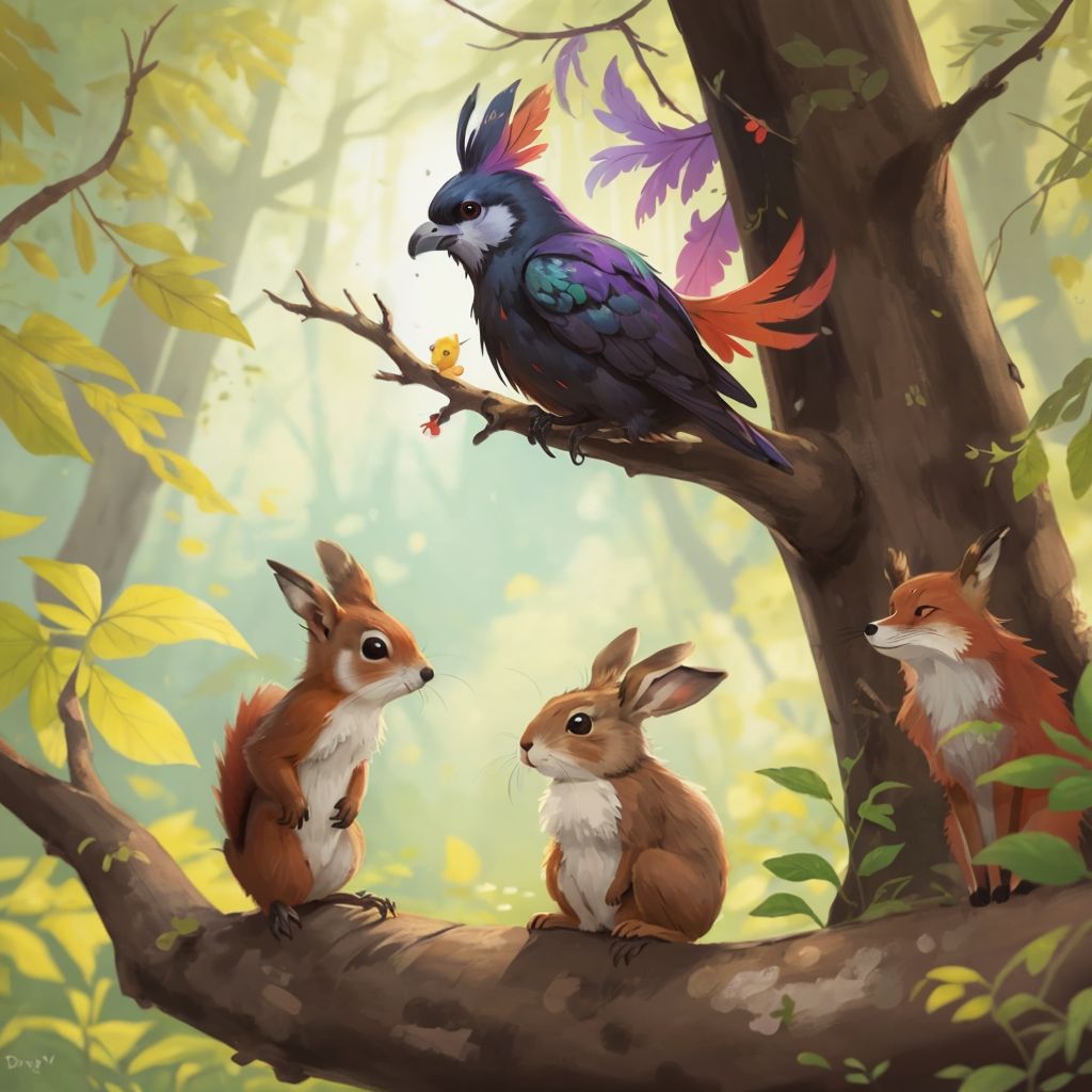 THE MULTICOLORED RAVEN perched on a tree branch, looking down at happy woodland creatures - a red squirrel, a brown rabbit, and a red fox. Lush green forest in the background.