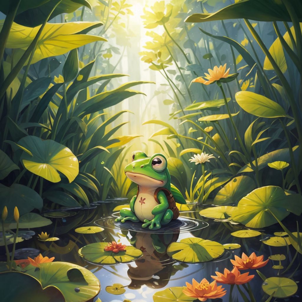 Kwak, a curious little frog, hopping from one lily pad to another in a big, shimmering puddle under a sunny sky.