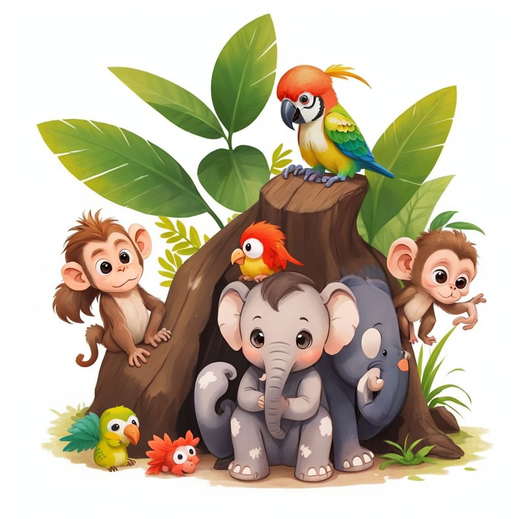 The monkey, baby monkey, and colorful bird, along with other small animals, helping to free Ella the gray small elephant from the mud in the jungle