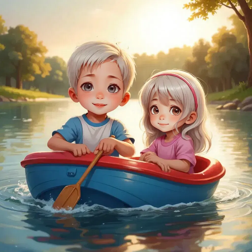 Isaac and Zoe paddling in a bright blue and red paddle boat on a sparkling lake under a setting sun