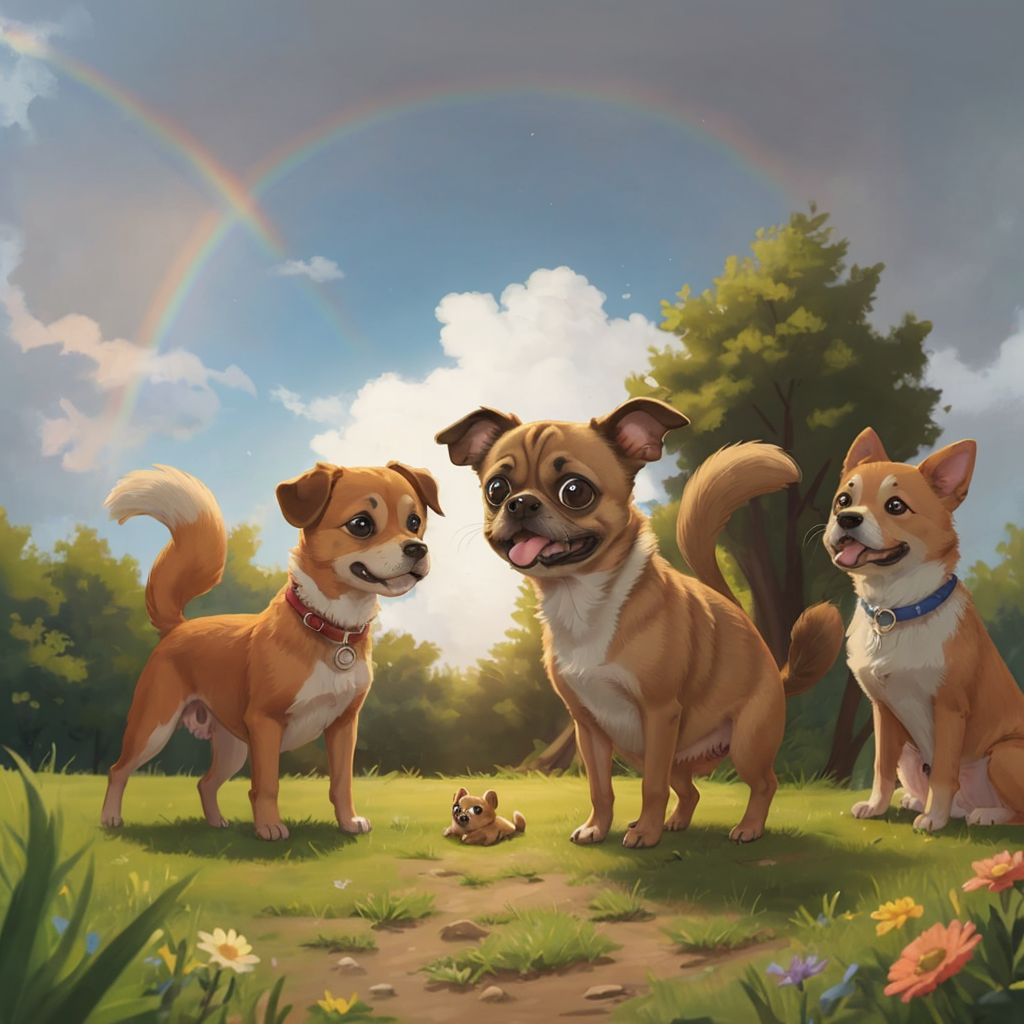 Punkin and friends under a rainbow-filled sky, sharing smiles and warm emotions