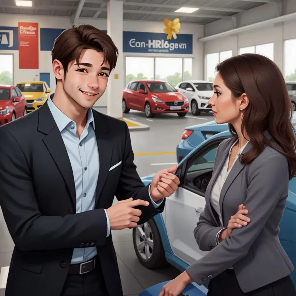 Francois talking to a customer, pointing at a car's scratch, with a car lot in the background