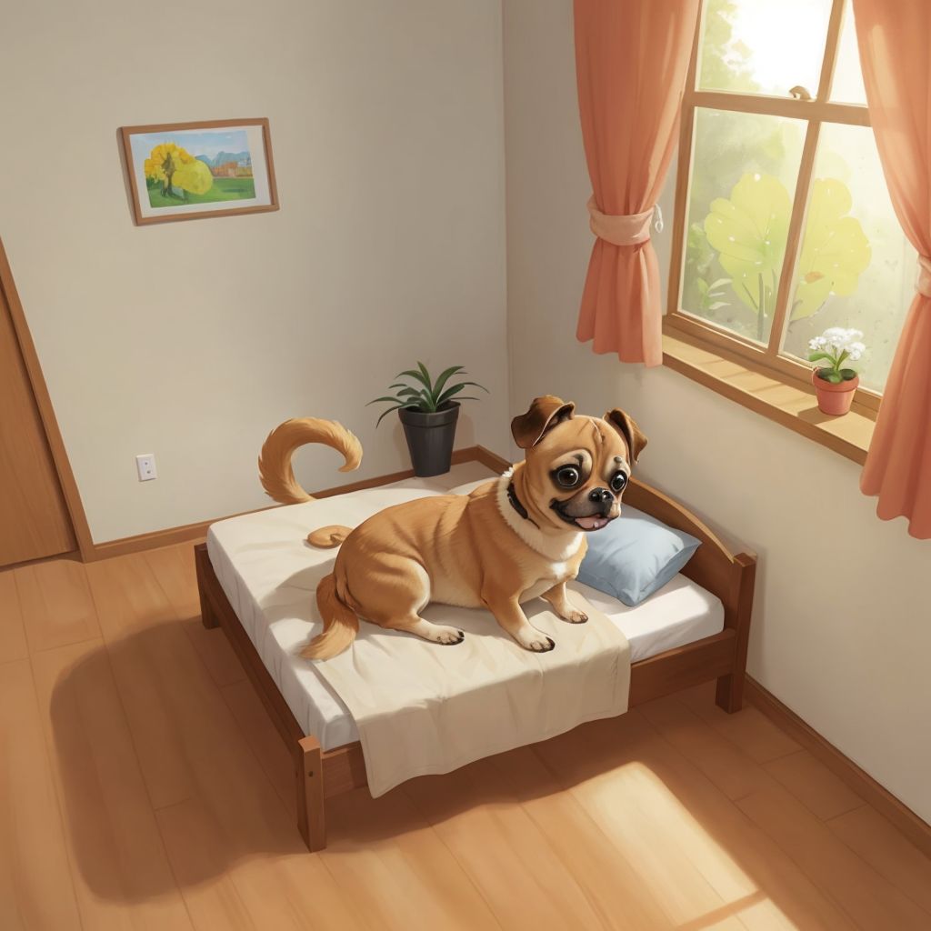 Punkin, a tan-colored dog with a curly tail, sitting on a bed in a cozy room, sunlight streaming through the window