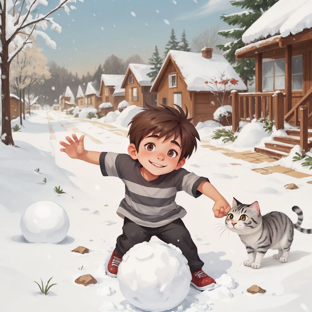 Brandon rolling a big snowball in a snowy yard with a curious look on Cheli the cat.