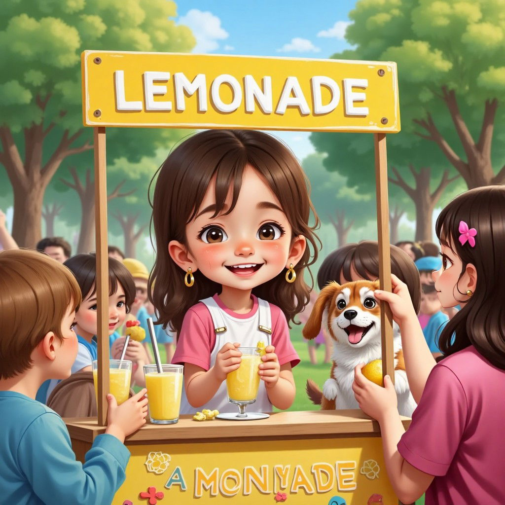 Lila smiling proudly at her lemonade stand, surrounded by happy kids, adults, and a friendly dog enjoying lemonade, with her animal friends cheering.