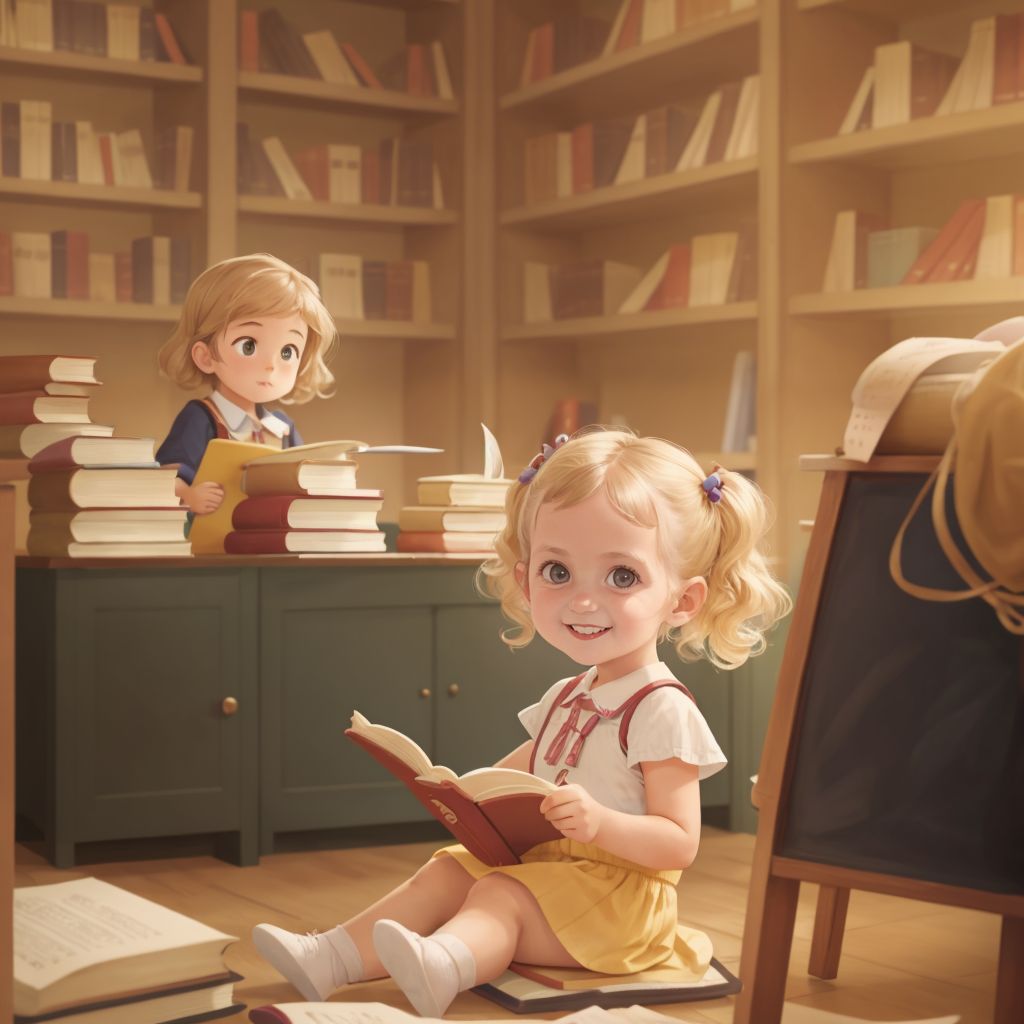 Kensie sitting and listening attentively as the teacher reads a funny story, seven shelves of books visible in the background