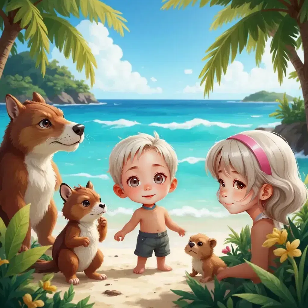 Freddie with a calm demeanor, surrounded by the island's creatures, Isaac and Zoe looking inspired