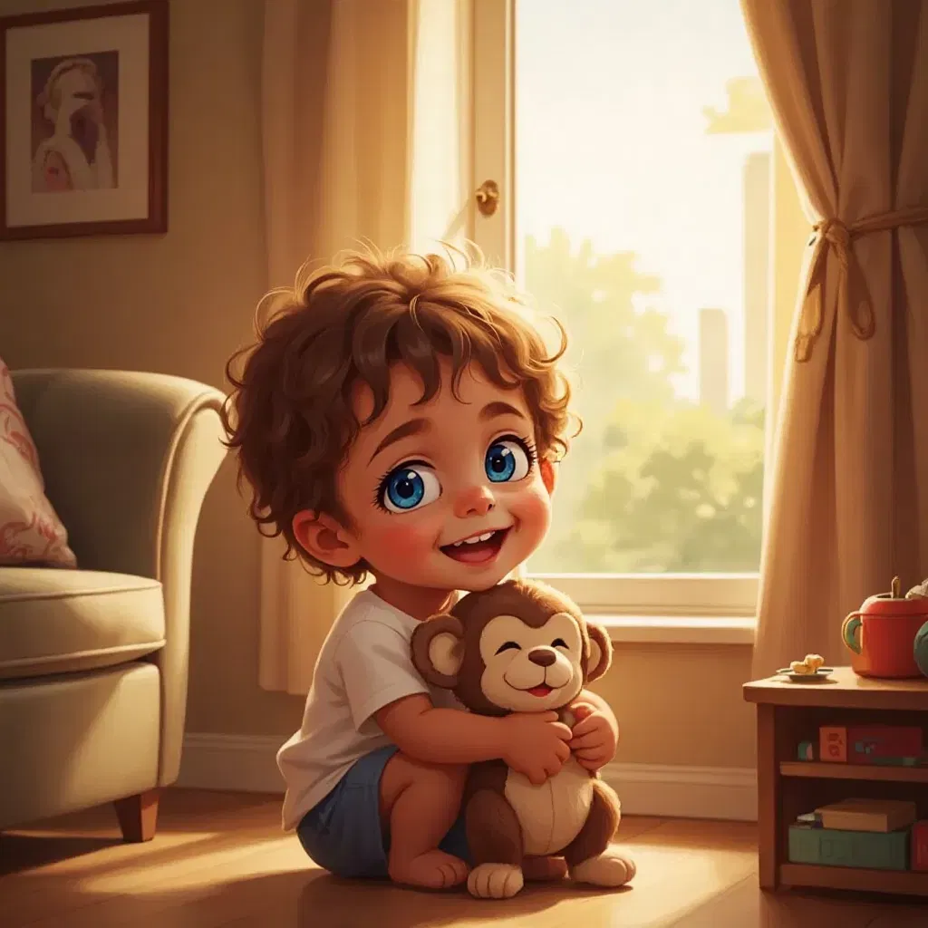 A bright morning sun shining through a window. A child with a big smile hugging a small monkey plush toy tightly.