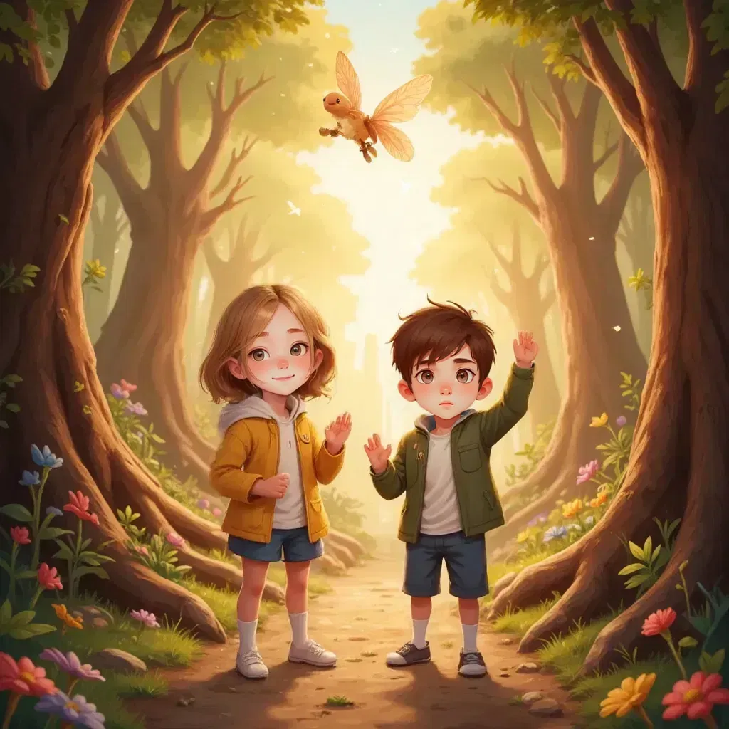 Olivia and Ben standing at the edge of the magical forest, waving goodbye to Bubbles who floats above them, her wings casting sparkles in the air. A sunset creating a magical glow in the background.