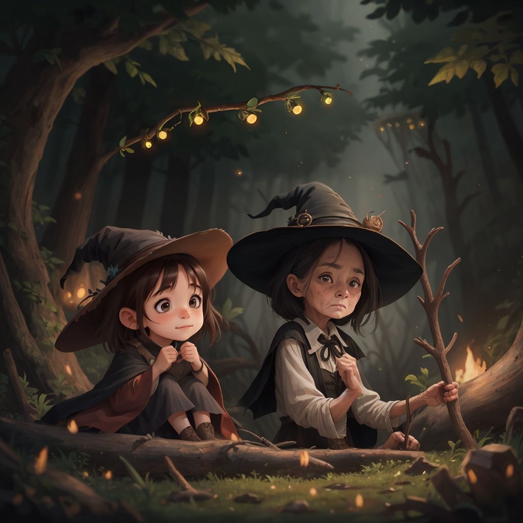 Claire sitting on a fallen log beside the old witch with long grey hair, wearing a crooked black hat and flowing black cape. Both smiling, surrounded by a magical forest atmosphere with glowing fireflies