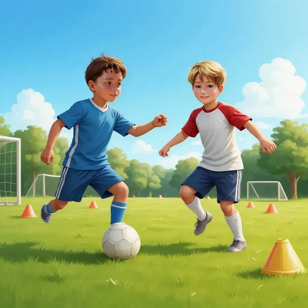 Otávio and Isaac practicing with a soccer ball, wearing their black, blue, and red striped uniforms. Training cones and goal posts visible in the background