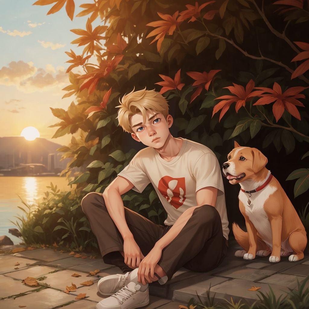 Harvey sitting quietly with Sparky beside him, watching a sunset with a serene expression