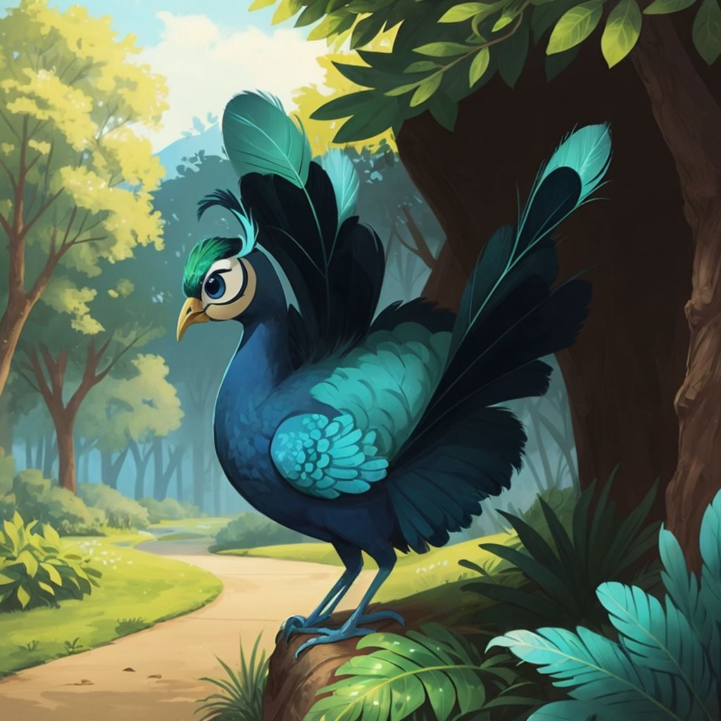 Penelope, the peacock, with her iridescent feathers spread wide in a serene park setting