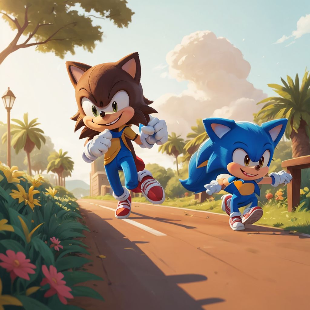 Sonic the Hedgehog smiling at Zain, who is beaming with pride, a park scene in the background