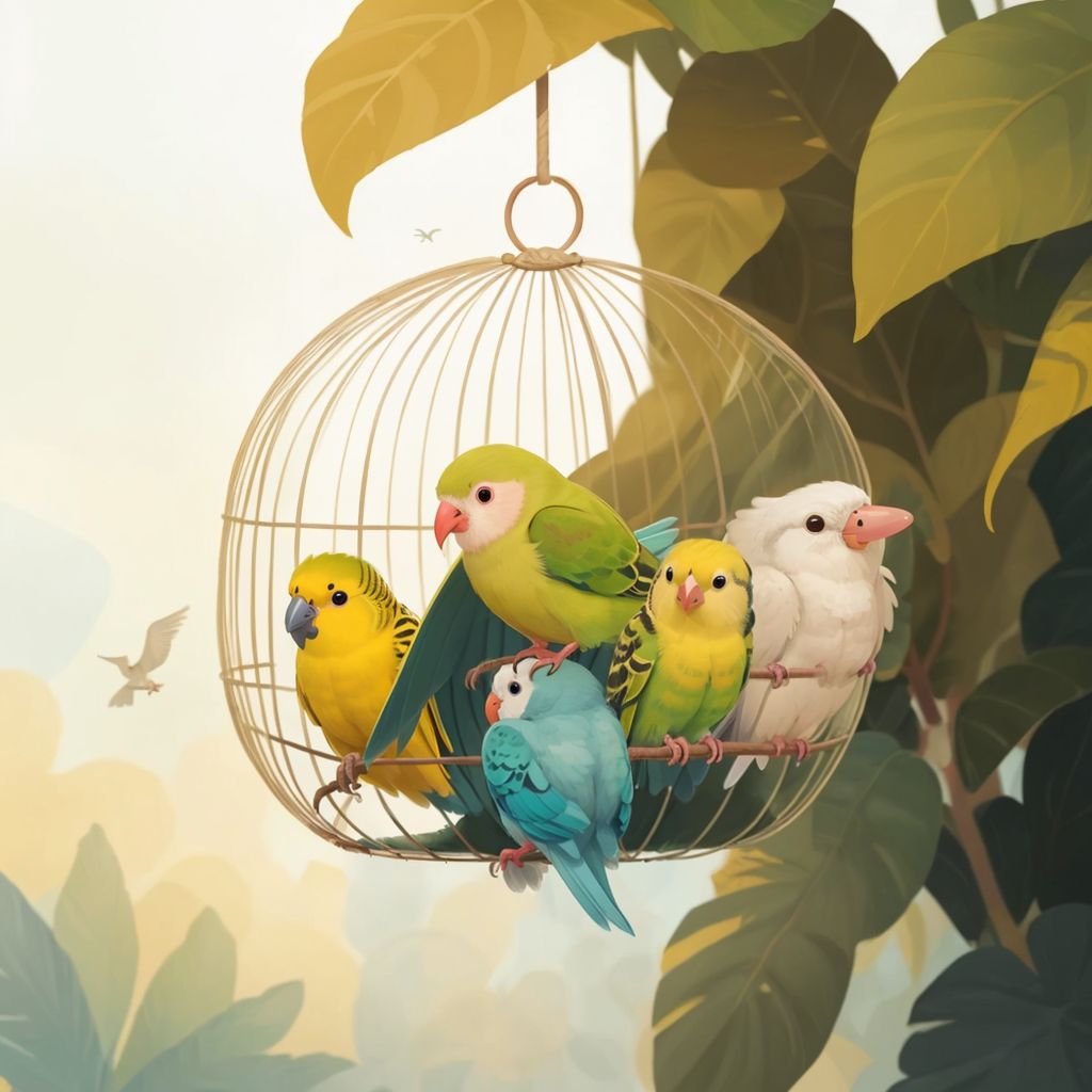 A somber Peaches sitting quietly in the cage, surrounded by Lemón, Melon, Bluey, and Blanco offering comfort, a warm and gentle atmosphere