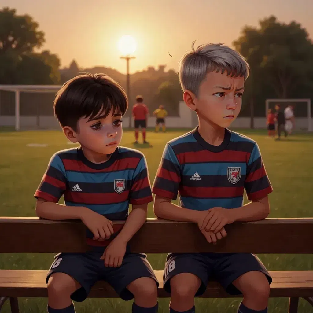 A dejected Pedro and Chorãozinho in their black, blue, and red striped uniforms, sitting on a bench. Soccer field at sunset in the background