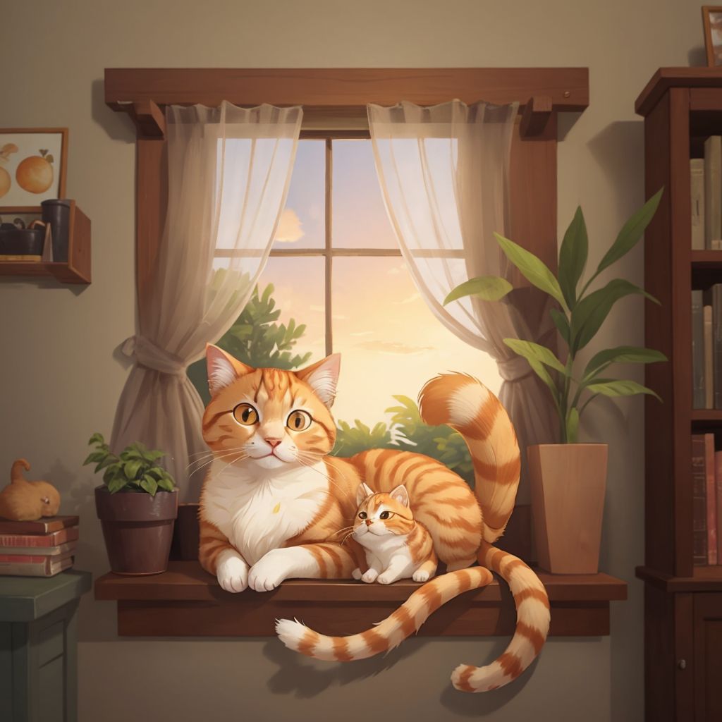 Cat curled up contentedly on a windowsill with a sunset visible through the window