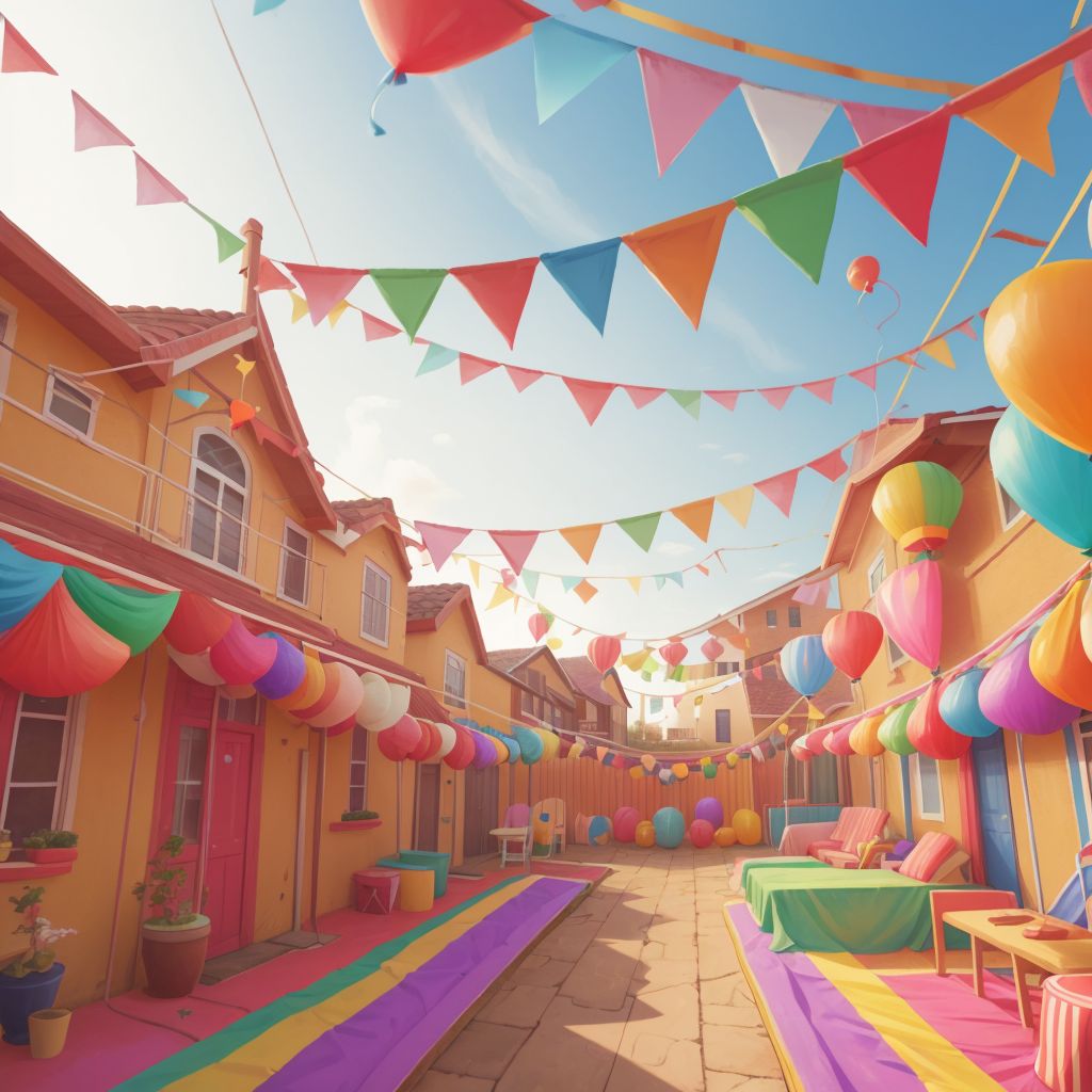 The backyard decorated with colorful streamers and balloons, looking like a vibrant carnival.