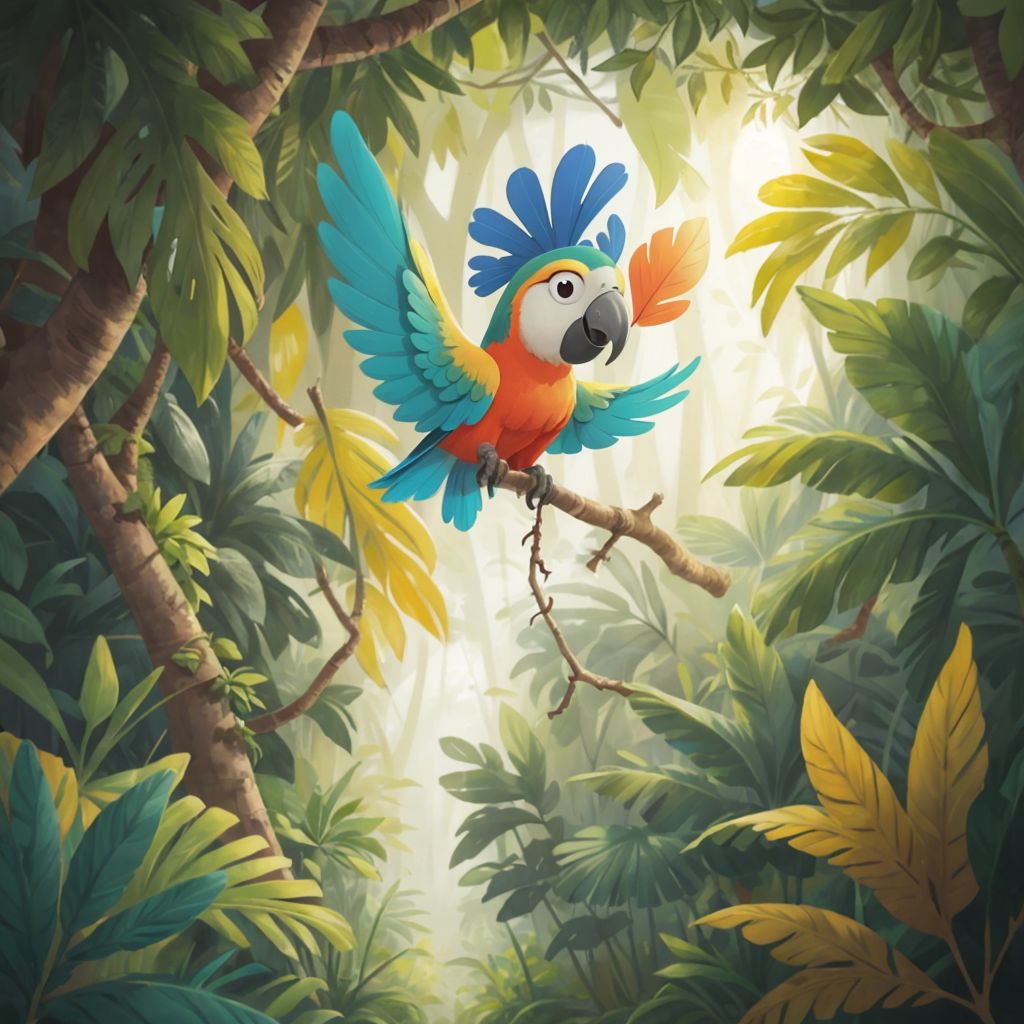 Pico, the parrot, flying above the jungle canopy with colorful feathers.