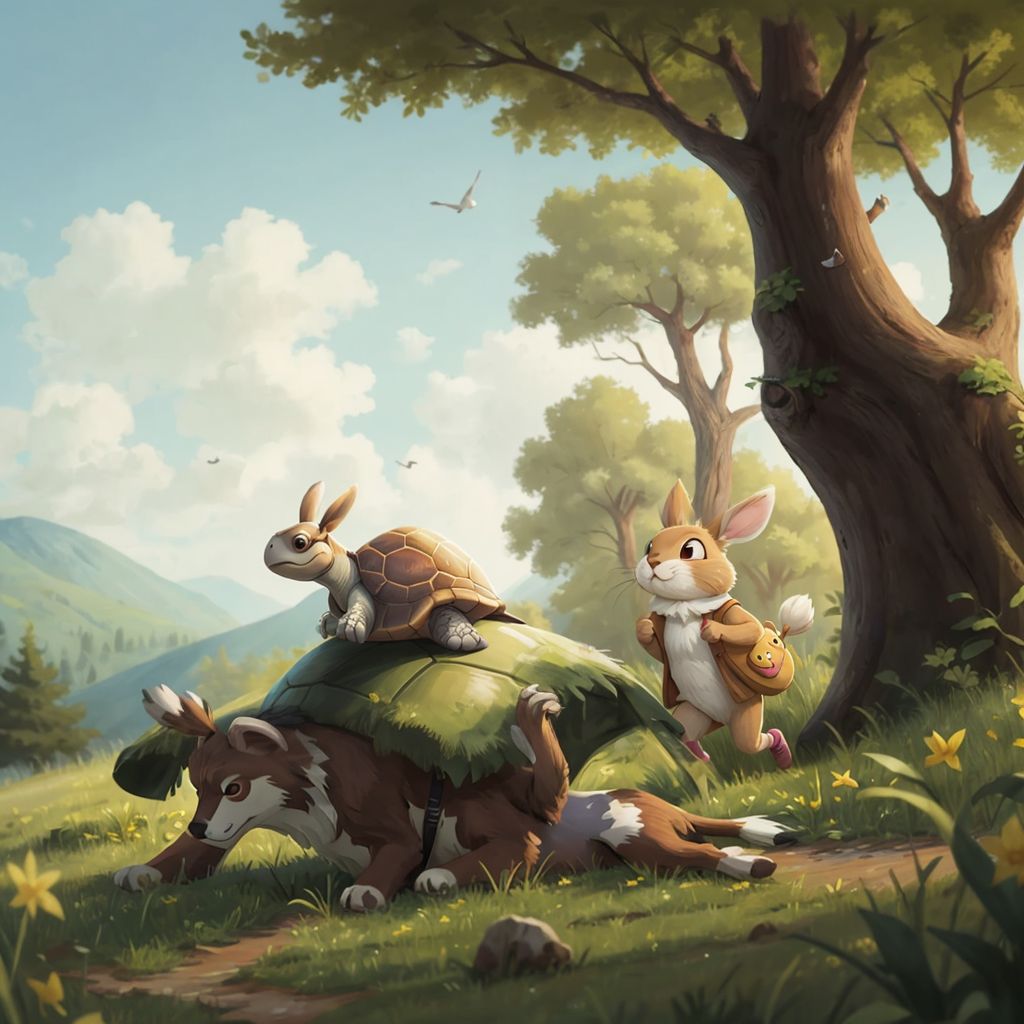 Forest animals gather in a semicircle on the edge of the meadow, with a distant oak tree visible on the horizon. Turtle stands poised and composed while explaining the race rules. Rabbit stands nearby doubled over with laughter, pointing at Turtle. Various woodland creatures listen attentively.
