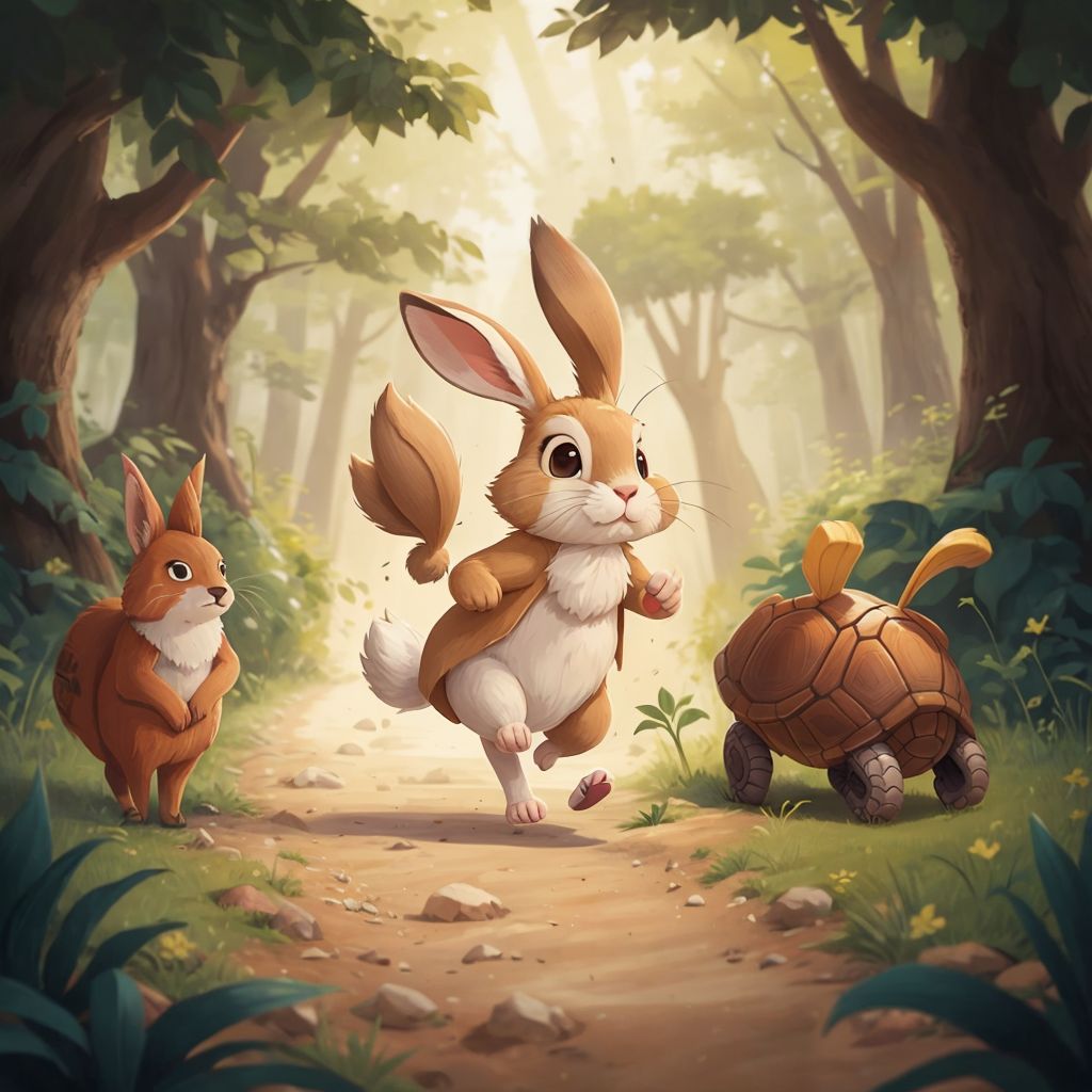 At the starting line marked by a row of pebbles, Rabbit stretches his long legs dramatically while looking cocky. Turtle stands nearby with a determined expression, his posture straight and ready. Forest animals line both sides of a dirt path that winds toward the distant oak tree. Morning sunlight filters through the trees.
