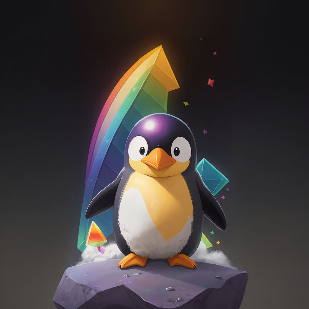 Prism the penguin glowing with rainbow colors, standing with a warm smile