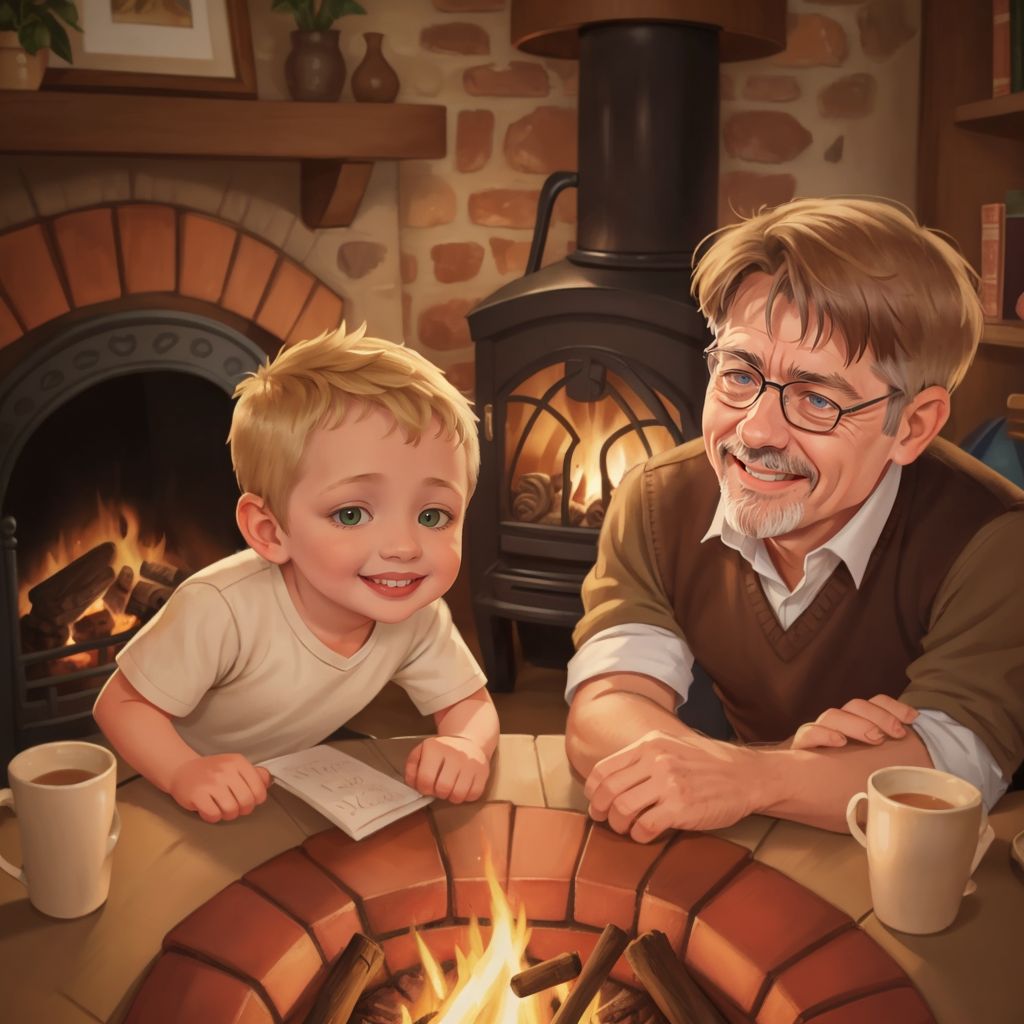 Cooper and Papa Eric at home, smiling and recounting their adventure by the fireplace