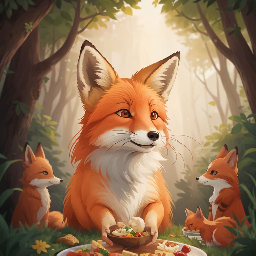 Felix the fox organizing a feast with various animals contributing, looking proud and happy.