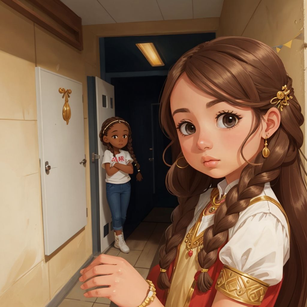 Charli peeking around a corner with a curious expression, her braids visible as she watches something. Party decorations visible in the background.