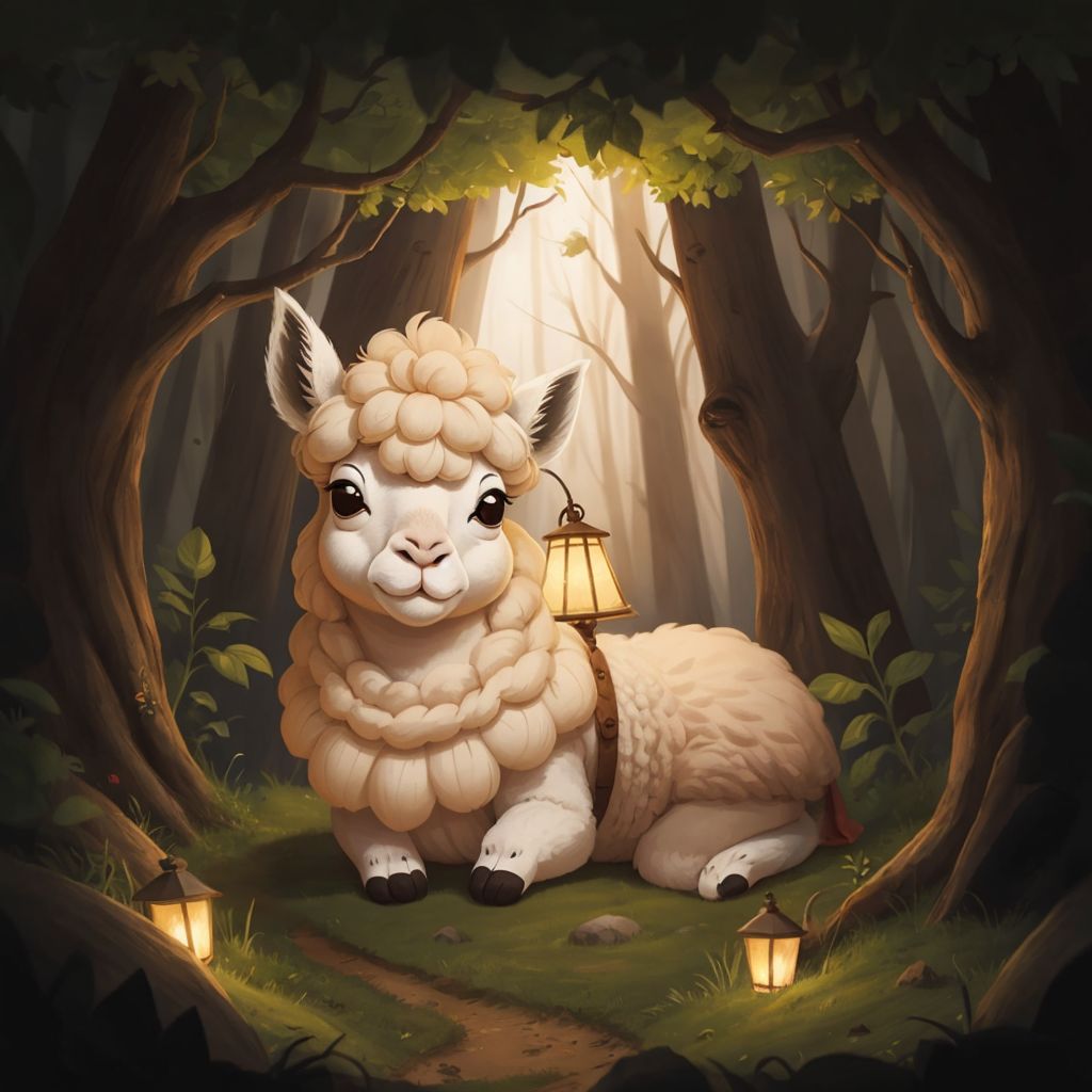 Annie the alpaca in a dark burrow, holding a glowing nightlight, with a calm expression as she rests under her blanket.