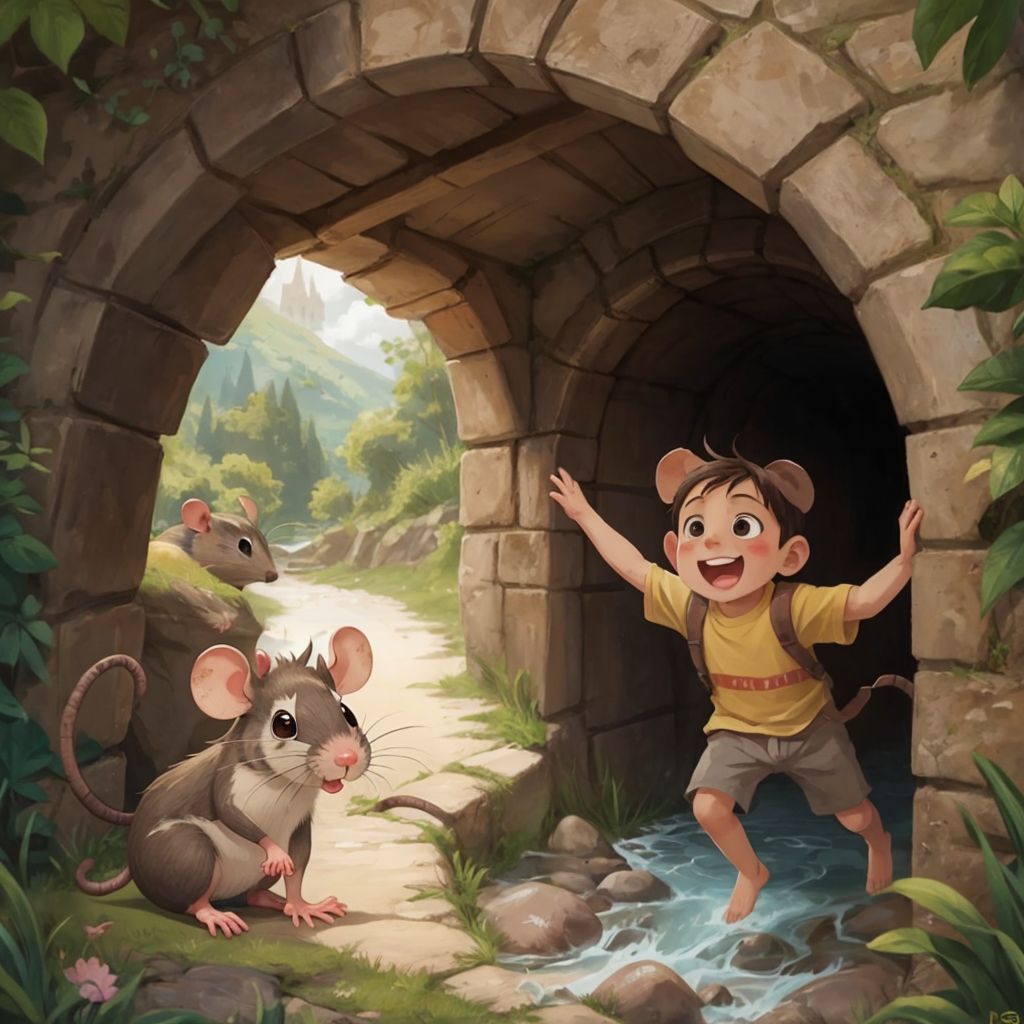 Rubber the Rat watching from his burrow entrance with an excited expression as children play by the river