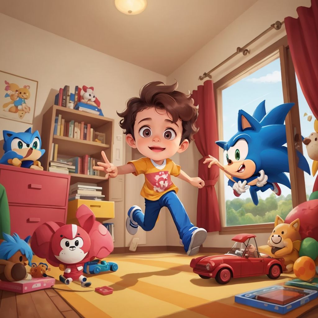 Zain in his room, surrounded by toys, looking surprised as Sonic the Hedgehog stands outside the window with a big grin