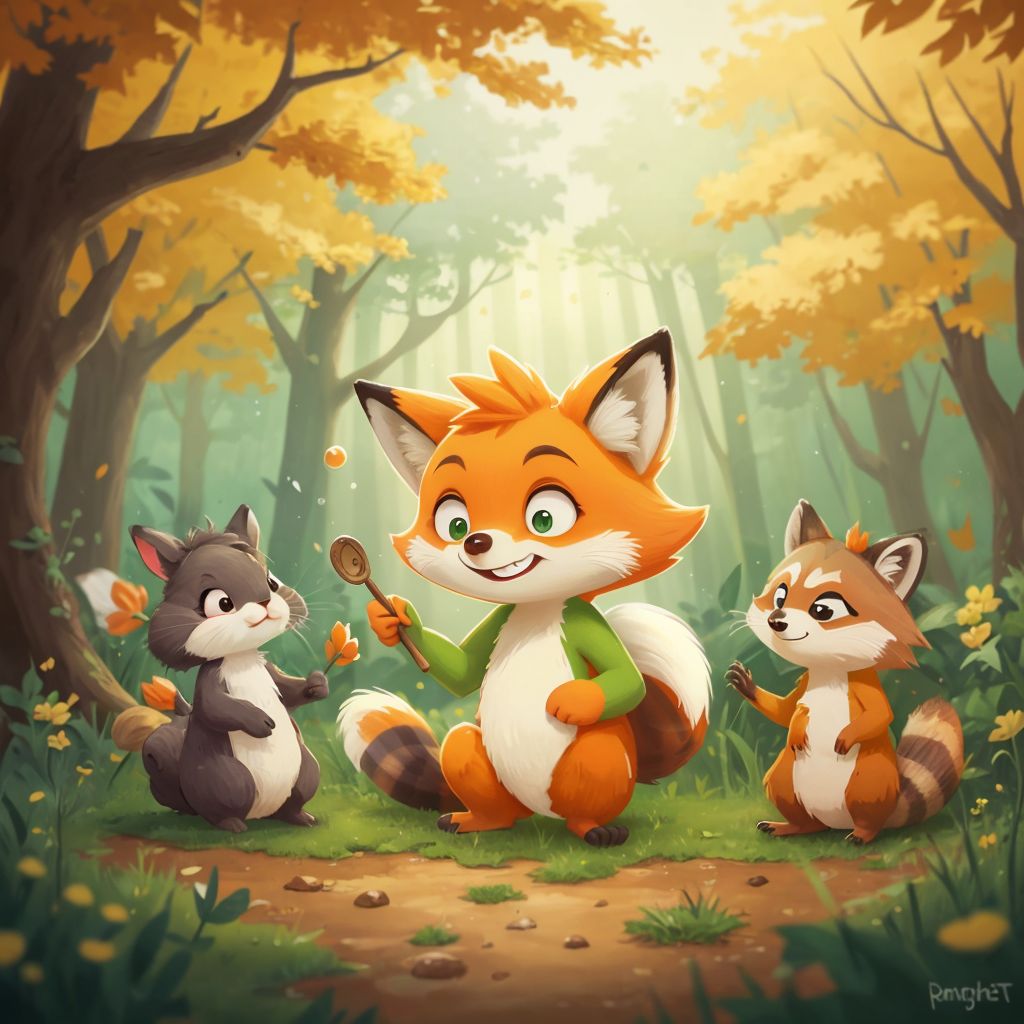 Little Fox smiling softly as he shares stories with a group of animal friends