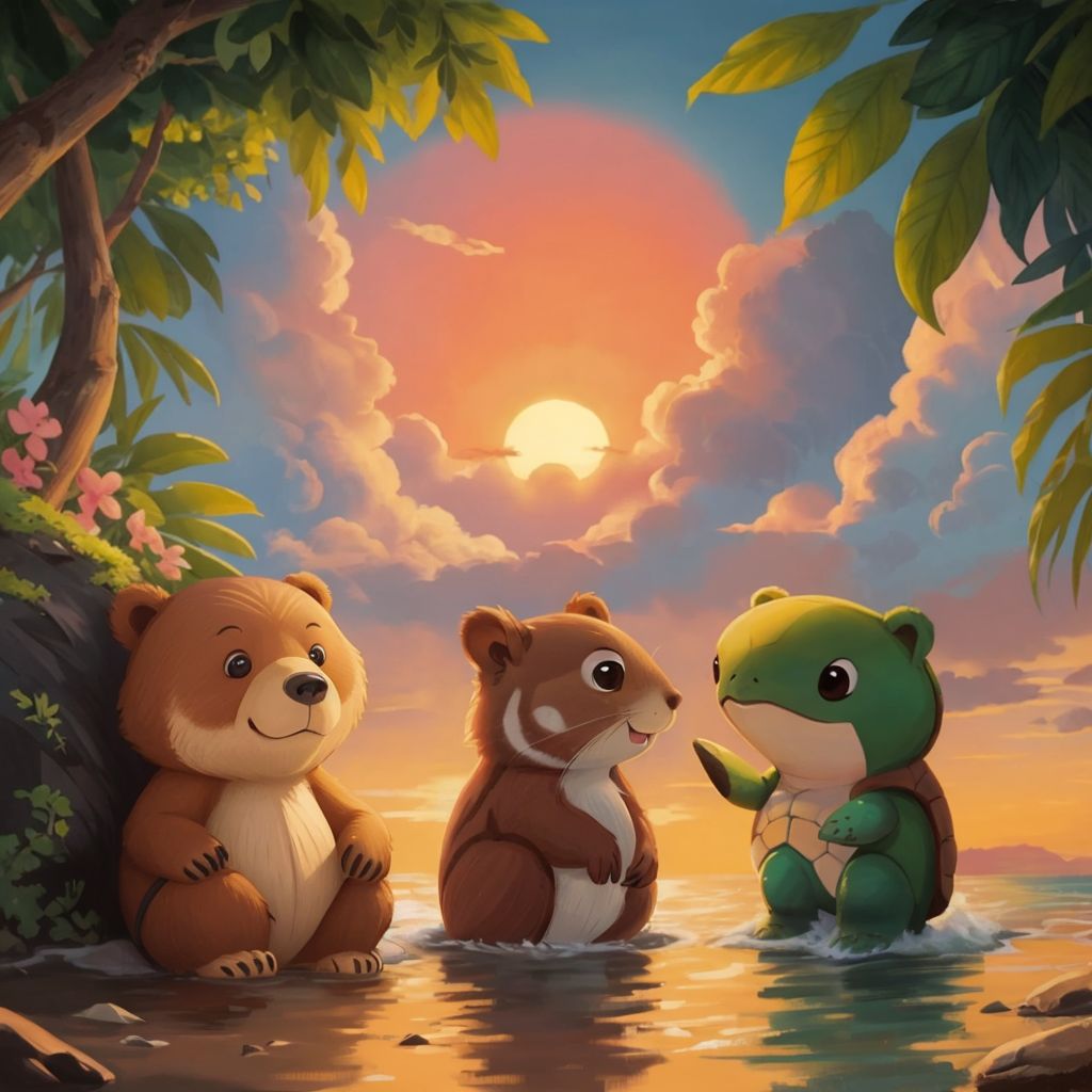 Kuschi, the brown squirrel, and the green turtle sitting on a hilltop watching an orange and pink sunset over the ocean