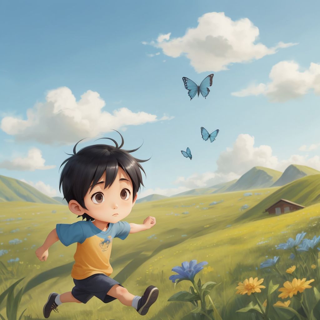 Robin running through a meadow, chasing a blue butterfly with a joyful expression on his face