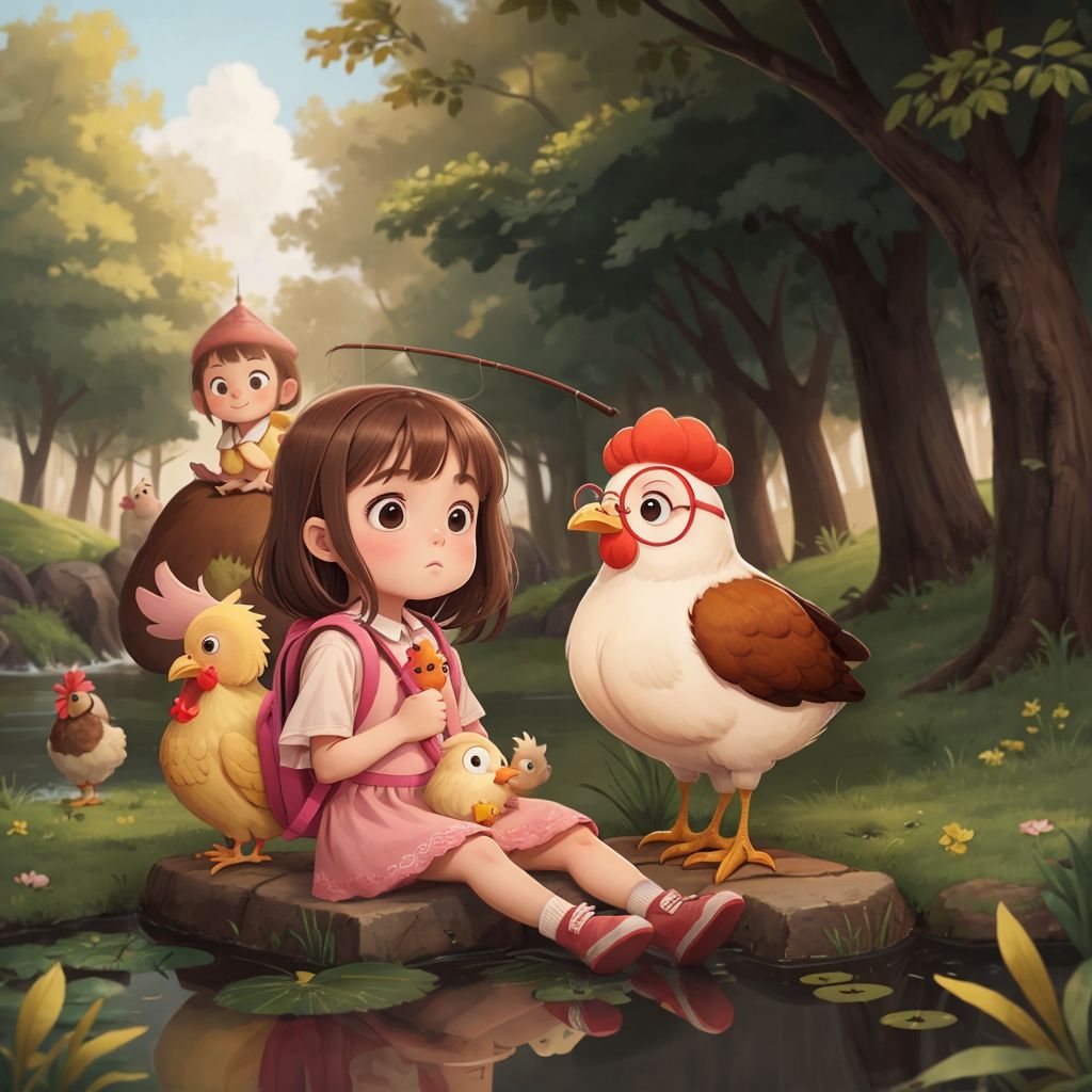 Rosie and Red sitting by a calm, sparkling pond with a small picnic, taking turns holding a fishing rod.