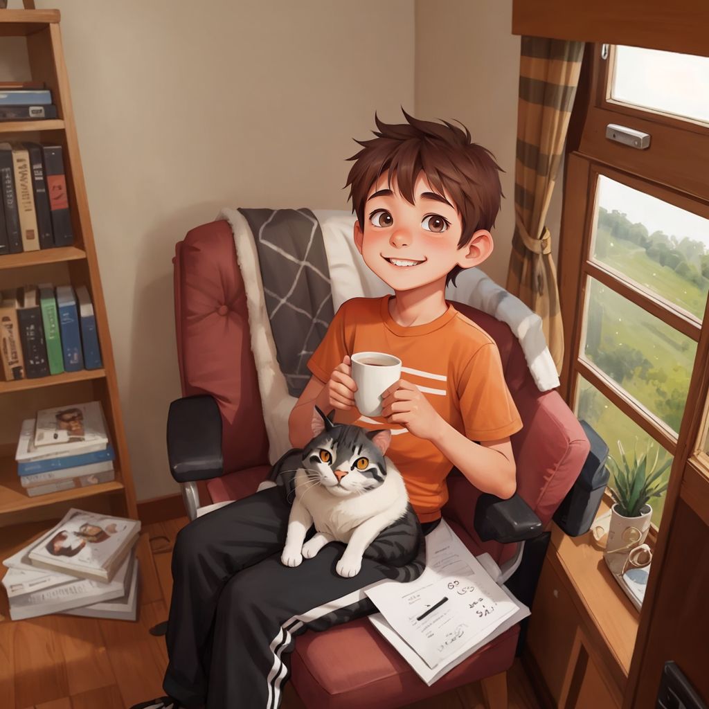 Brandon sitting by a window with a cup of hot cocoa, Cheli the cat purring on his lap.