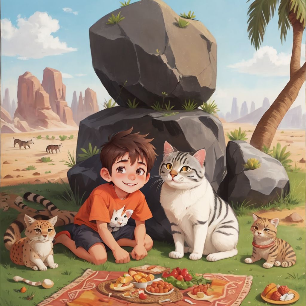 Brandon and Cheli having a picnic under a big rock, with desert animals watching them.